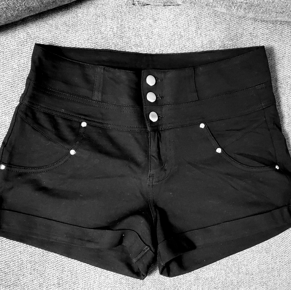 Classic Black Stretchy Dress Shorts With Gold Accents